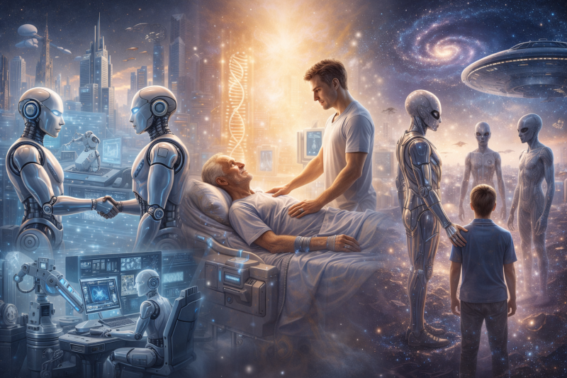 Tríptico que muestra 2 humanoides estrechándose la mano a la izquierda, un joven cuidando de un anciano encamado en el centro y extraterrestres acompañando a humanos como amigos a la derecha