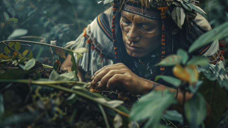guerrero maya o inca mirando ciertas plantas